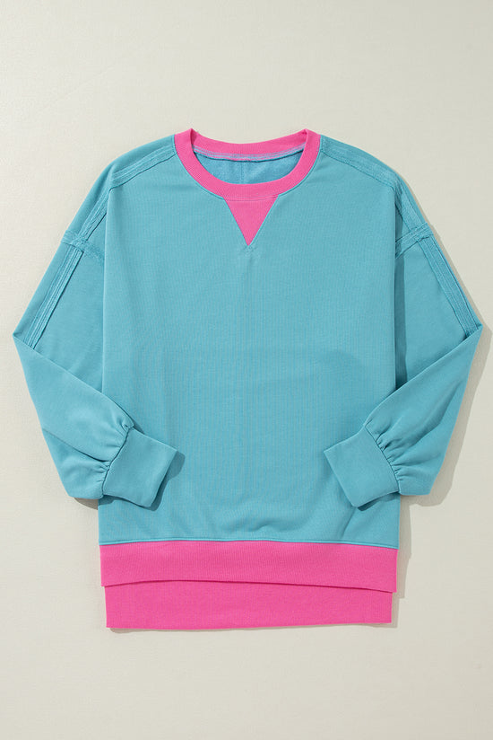 Light Blue Color Block Patchwork Crew Neck Loose Sweatshirt