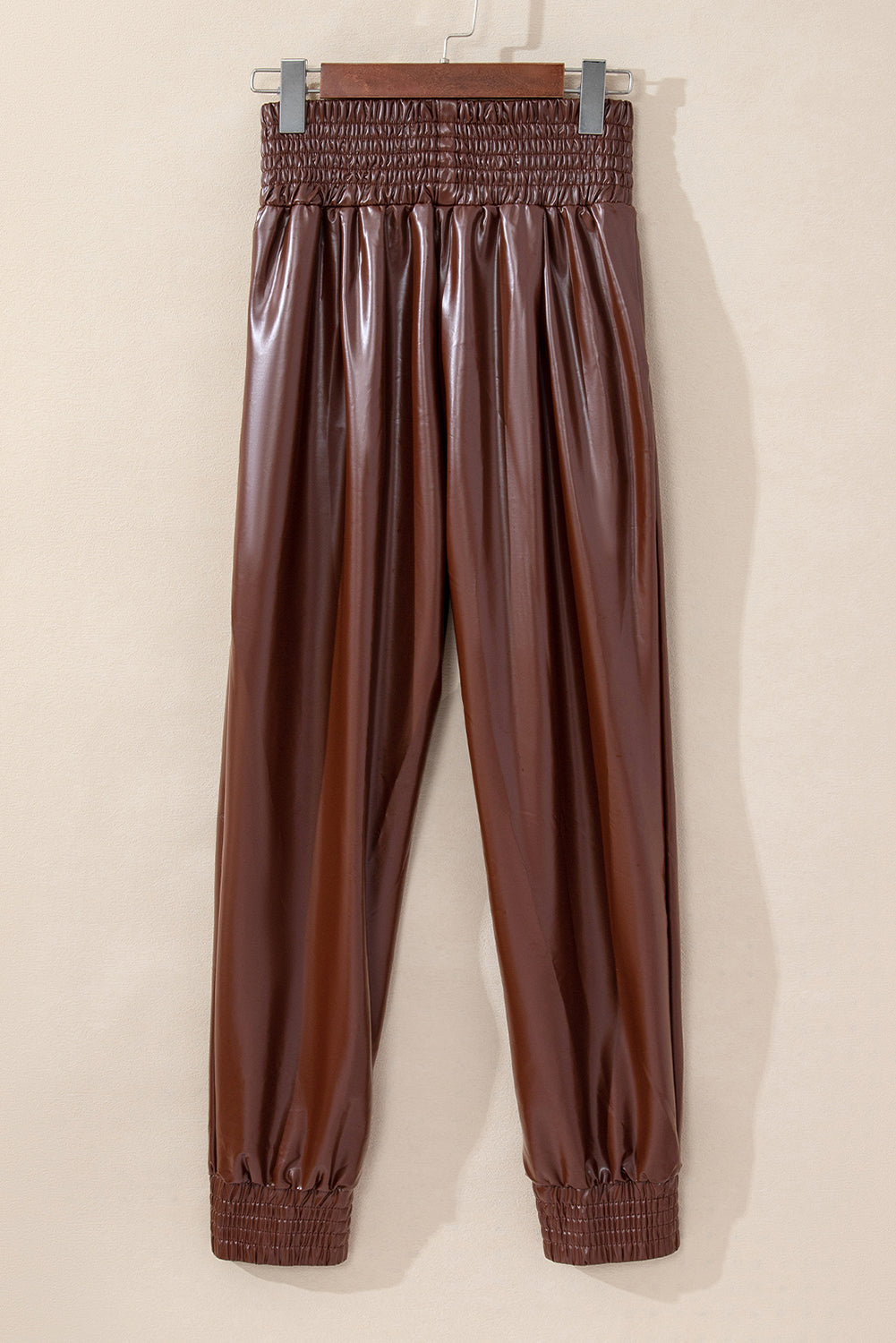 Pantalon skinny en cuir taille haute smocké marron