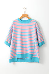 T-shirt up and down with pink stripes, oversized, contrasting border, exposed seams