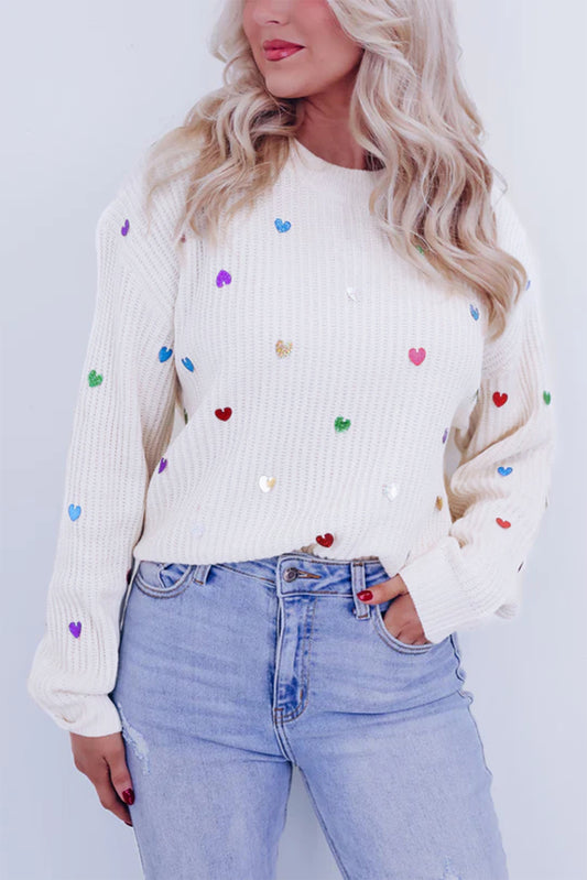 Beige Sequin Heart Waffle Knit Crew Neck Sweater