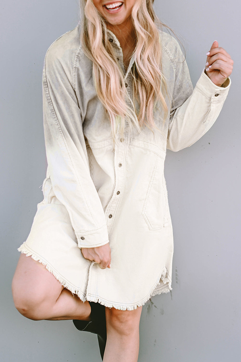 Bouton à manches longues Gray Gradient Up Up Hem Denim Robe