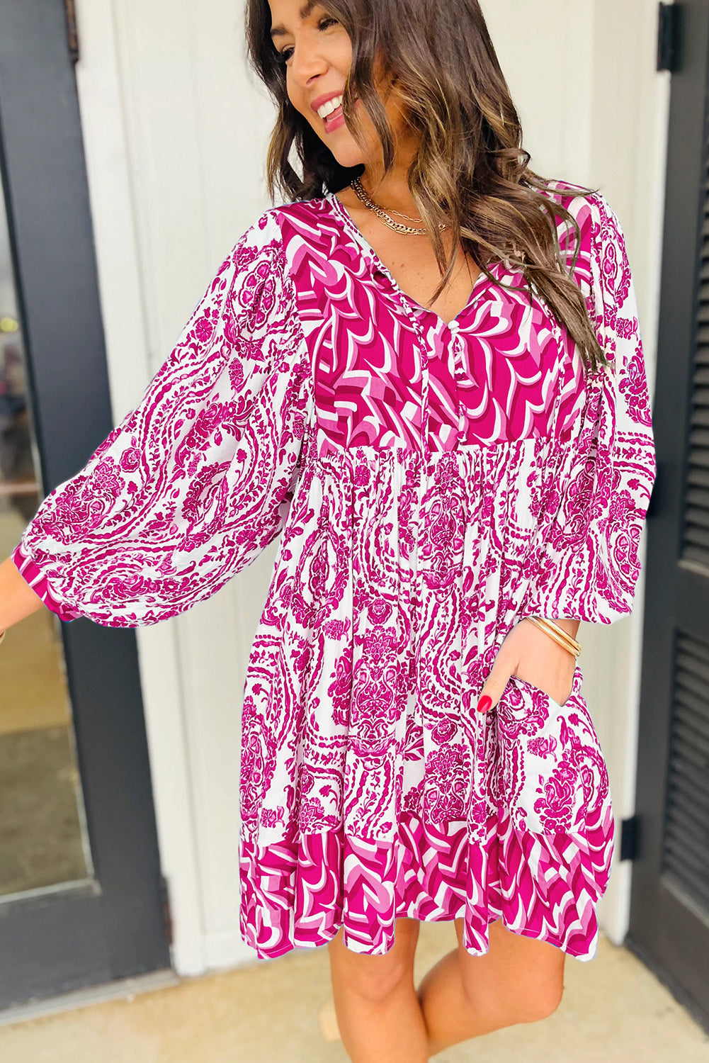 Rose Bohemian Print Puff Sleeve Tied V Neck Flared Mini Dress