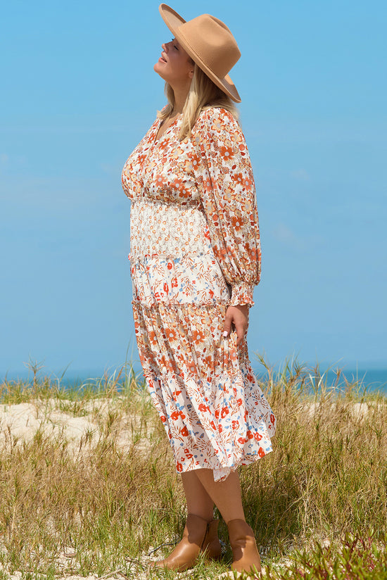 Khaki - Long Floral Dress with large stained steering