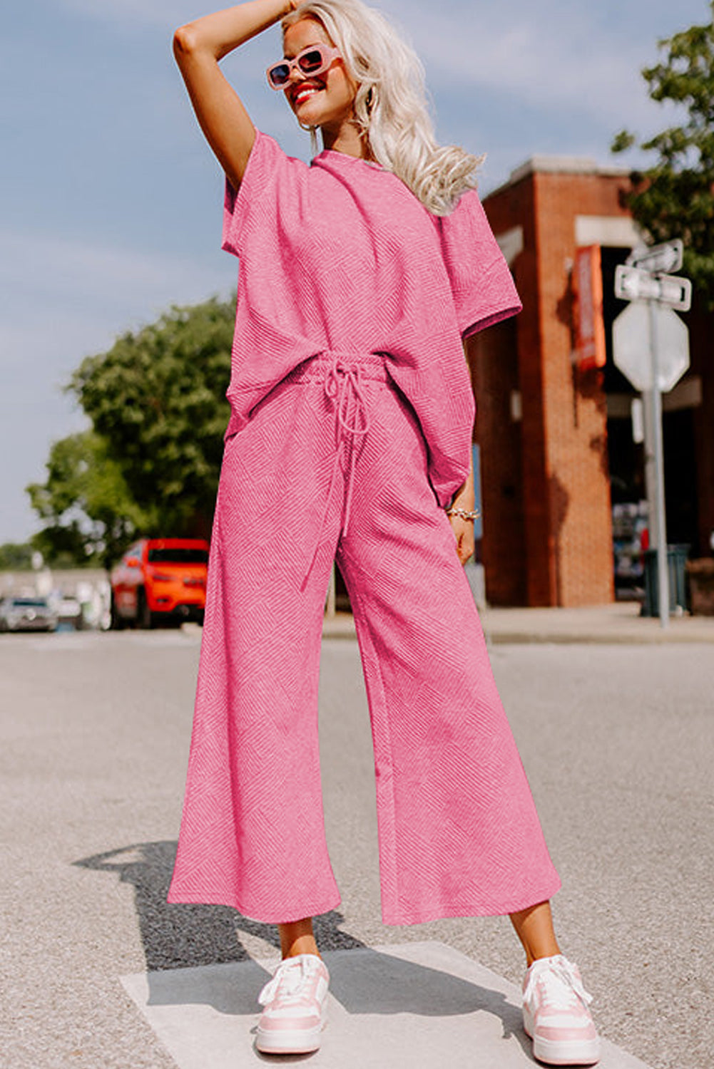 Strawberry Pink Textured Loose T-Shirt and Drawstring Pants Set