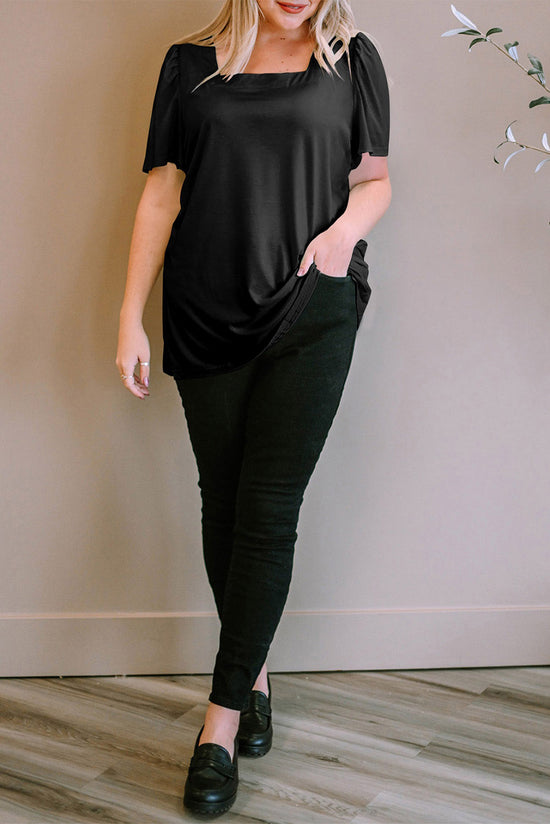 Black high with short sleeves and large square collar with frowned shoulders