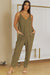 Green Textured Sleeveless V-Neck Pockets Casual Jumpsuit