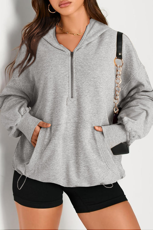 Light Grey Oversized Hoodie with Kangaroo Pocket and Half Zip