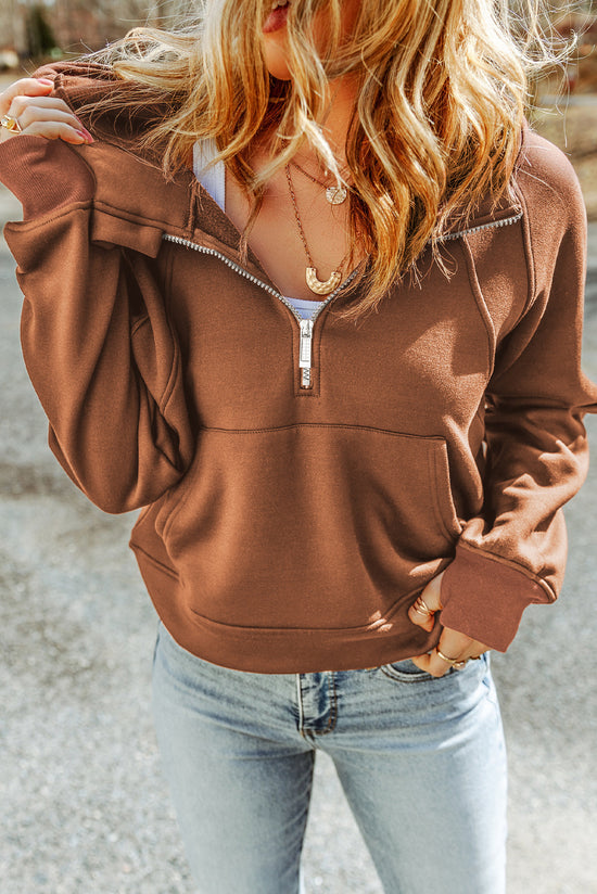 Brown hoodie with kangaroo pocket and quarter-turn zip