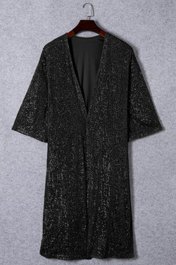 Black sequined kimono, 3/4 sleeves, open front