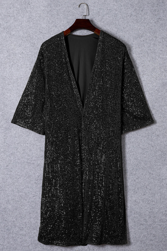 Kimono noir à paillettes, manches 3/4, ouvert sur le devant