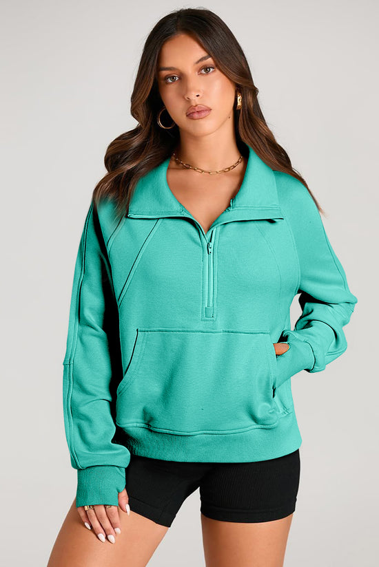 Aruba Blue Quarter Zip Sweatshirt with Stand Collar and Kangaroo Pocket