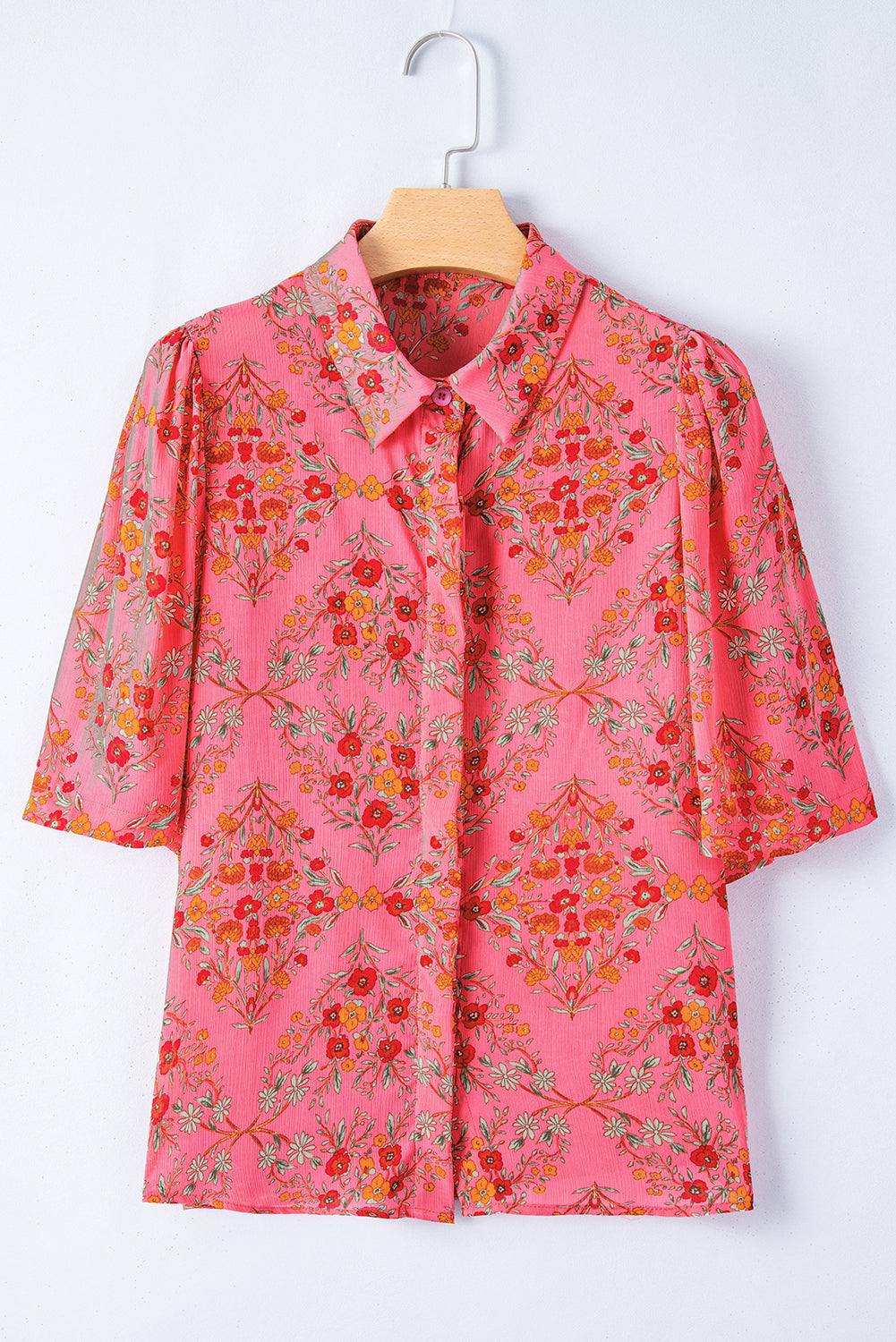 Chemise ample à manches courtes et imprimé floral rouge rose