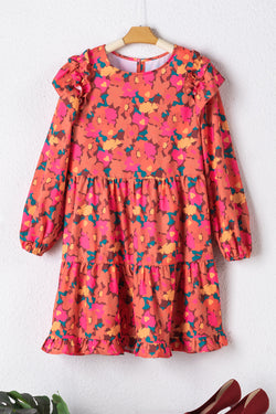 Mini-robe florale à manches longues et épaules volantées rose rouge