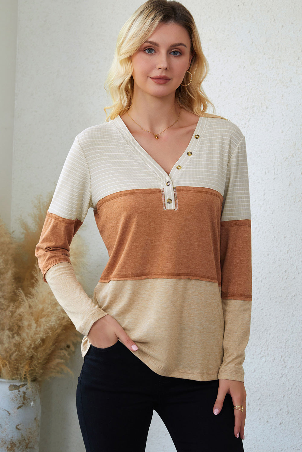 Top henley color block de rayas naranjas