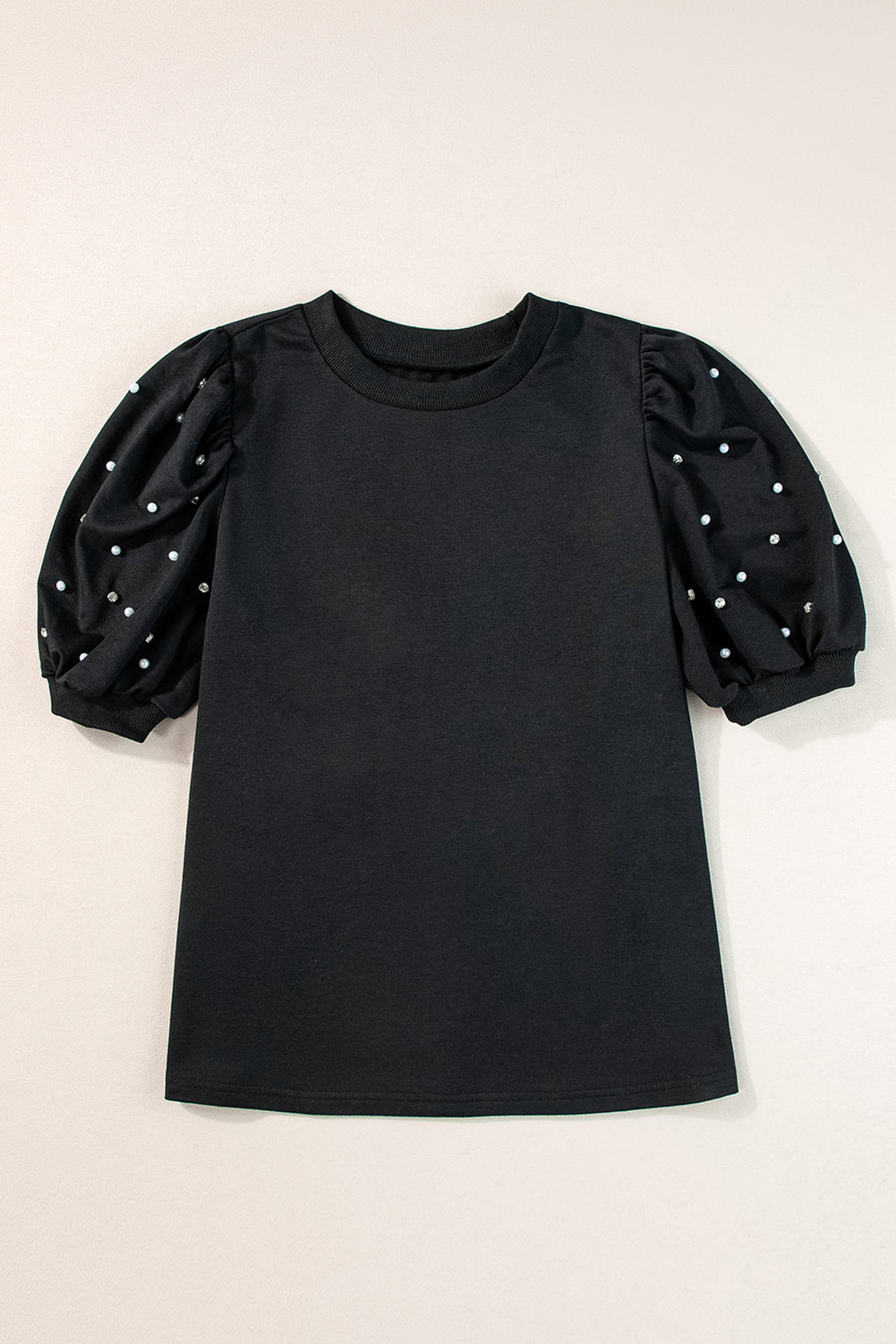 Black top with mid-long puffing sleeves with pearls and rhinestones