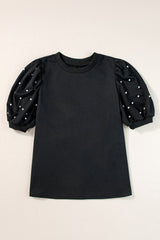 Black top with mid-long puffing sleeves with pearls and rhinestones