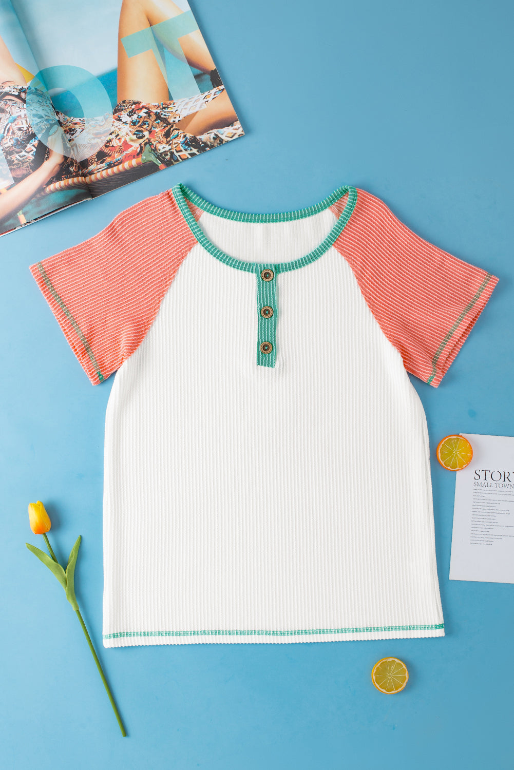 T-shirt Henley texturé à manches raglan et color block blanc