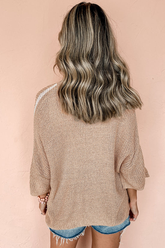 Round neck sweater and 3/4 sleeves with light beige contrast stripes