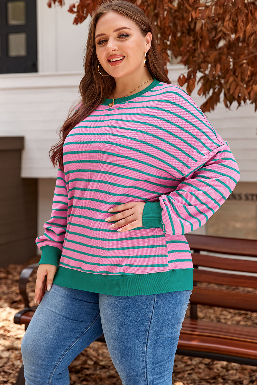 Plus Size Pink Striped Waffle Knit Crew Neck Sweatshirt