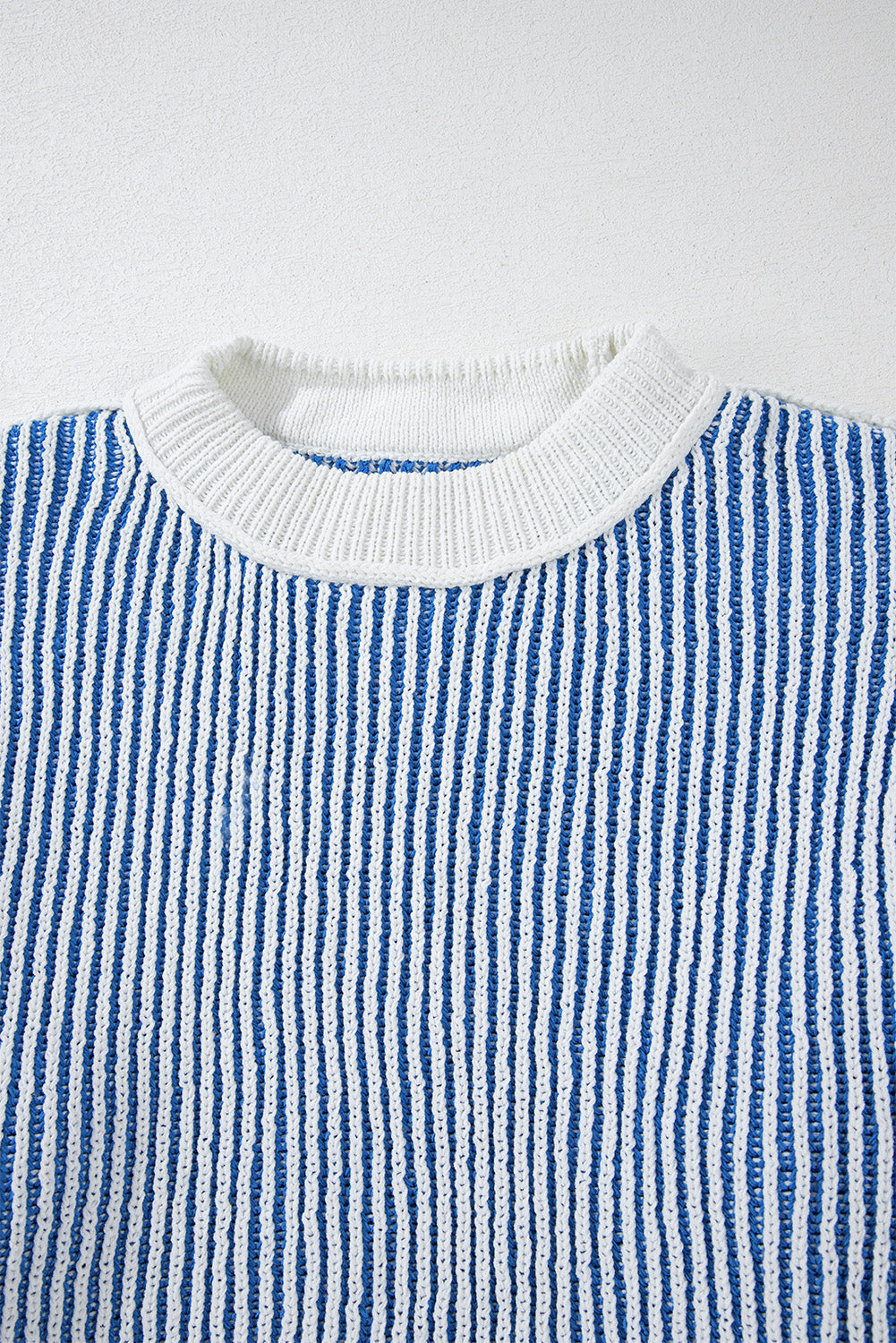 Dark blue striped textured knit loose sweater with contrasting edges