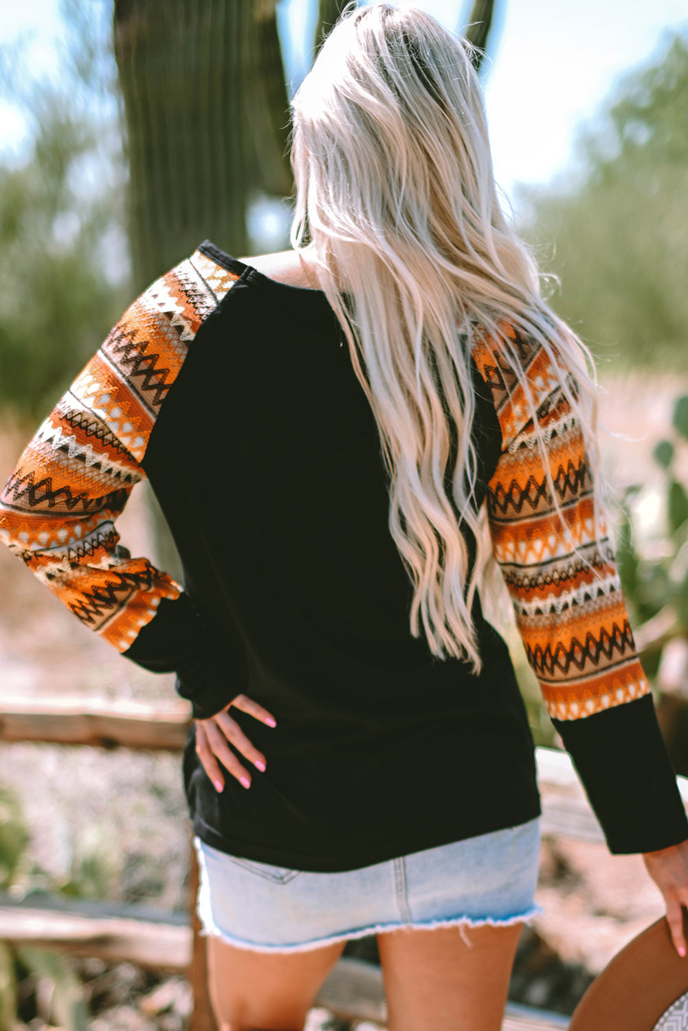 Orange Geo Print Raglan Patchwork Langarm Tee