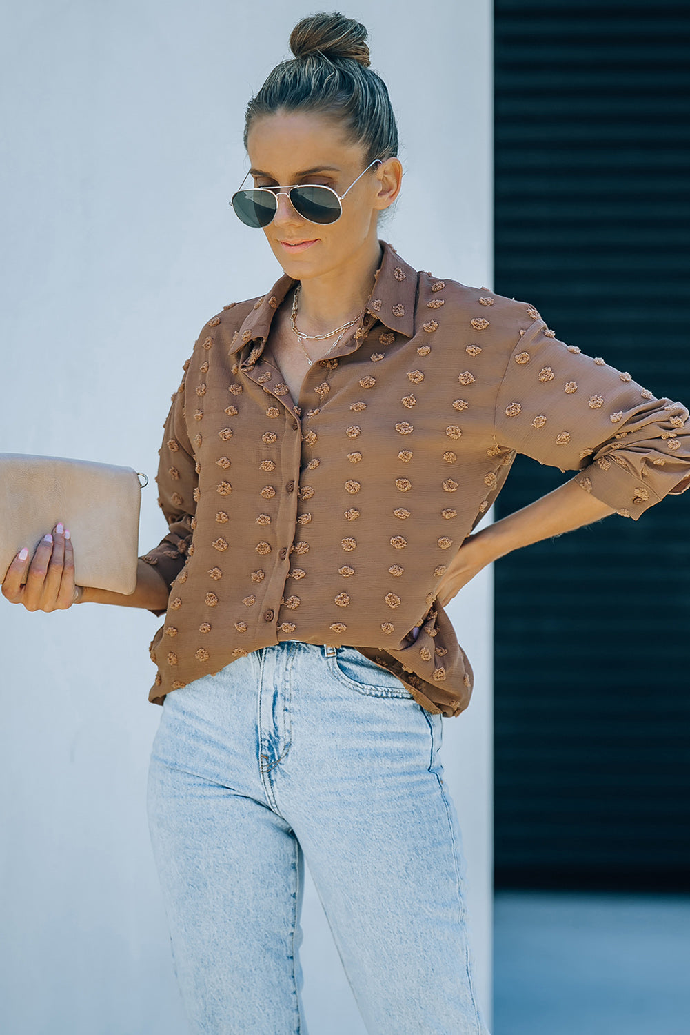 Brown Long Sleeve Button Fuzzy Polka Dot Shirt