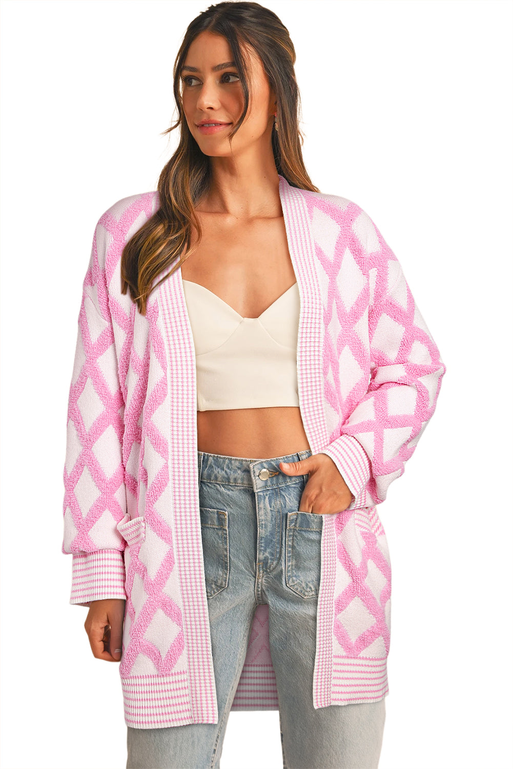 Cardigans en tricot à motif losange rose, ouverts sur le devant, avec poches-A WOMAN WE LOVE