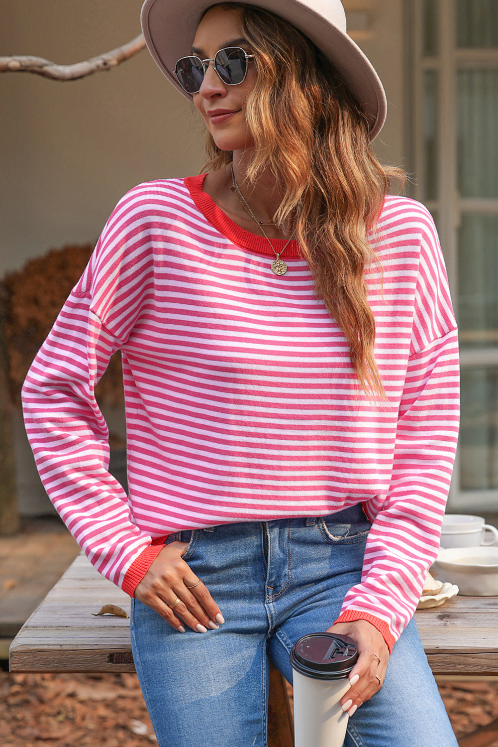 Pink drop shoulder sweater with contrasting edge stripes