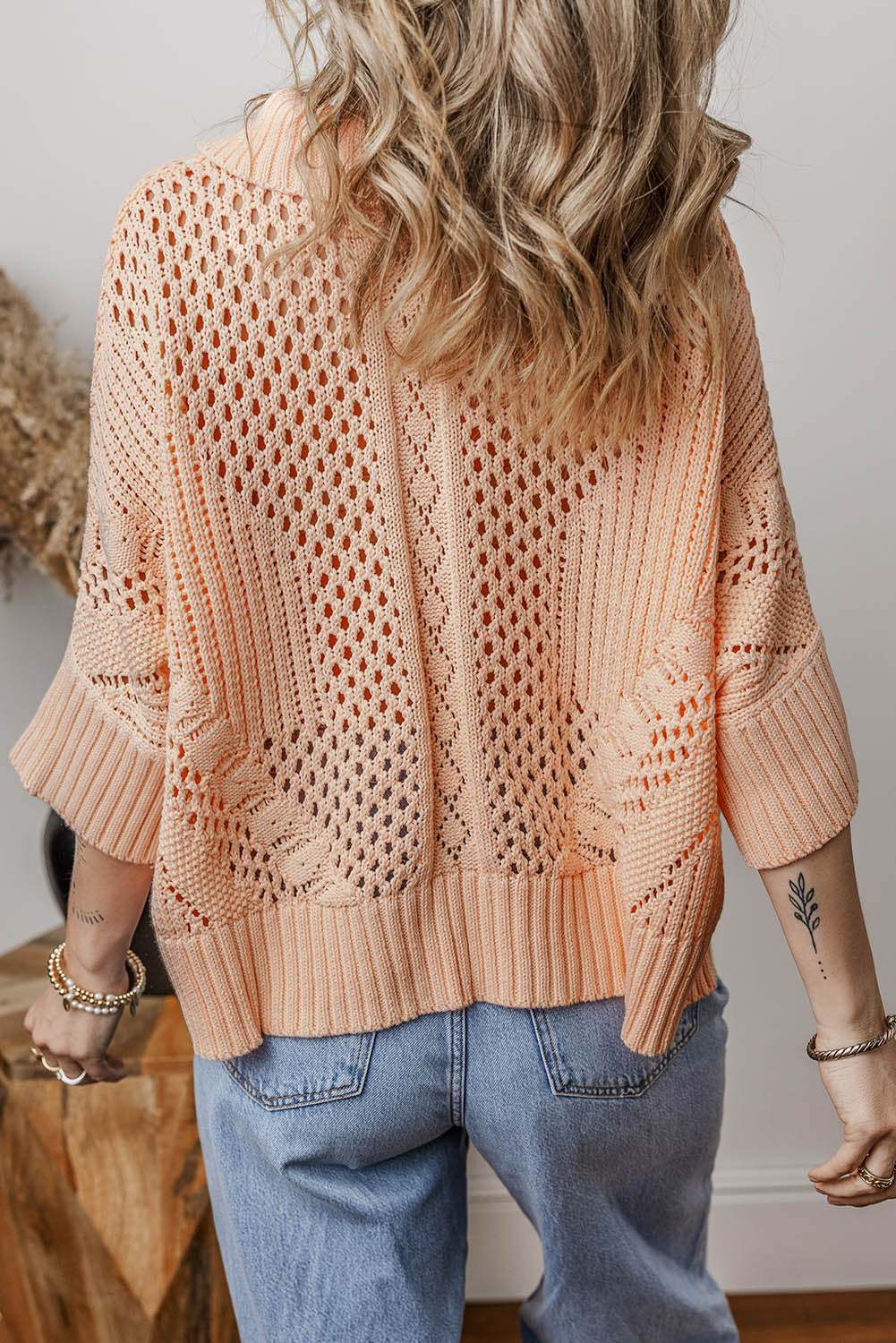 Pull à col boutonné à manches 3/4 Dolman en tricot creux rose abricot