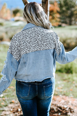 Plus Size Blue Leopard Ripped Short Denim Jacket