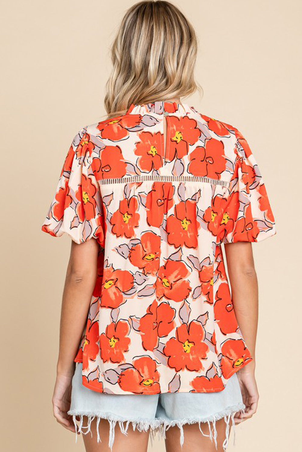 Naranja de la manga de la manga de la manga de burbujas floral blusa suelta