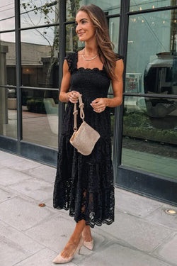 Black Sleeveless Midi Dress with Smocked Lace Bodice