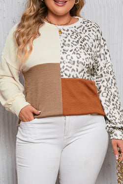 Plus Size Leopard Splicing Color Block Ribbed Khaki Top