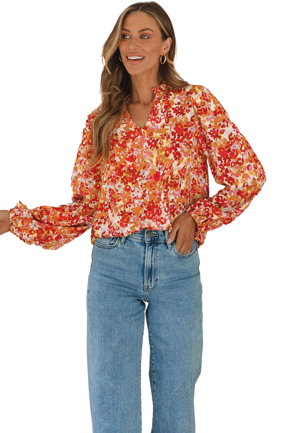 Grapefruit Orange Frilled Split Neck Bubble Sleeve Floral Blouse