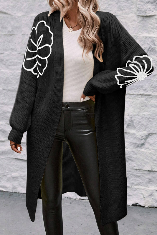 Black floral embroidered drop shoulder open front cardigan