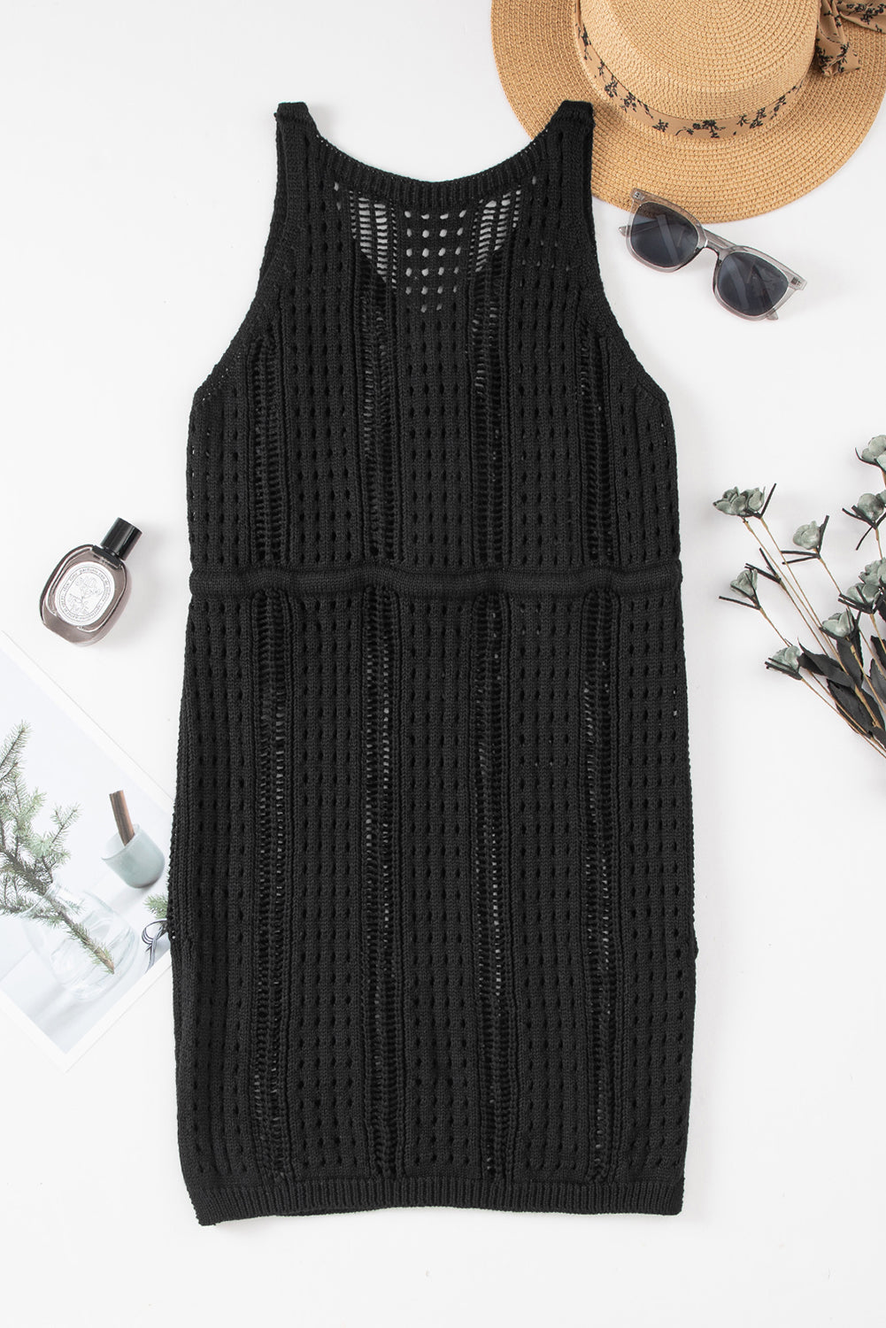 Robe de plage noire sans manches ajourée au crochet avec cordon de serrage