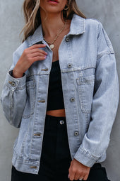 Sky Blue Striped Washed Oversized Denim Jacket with Pockets