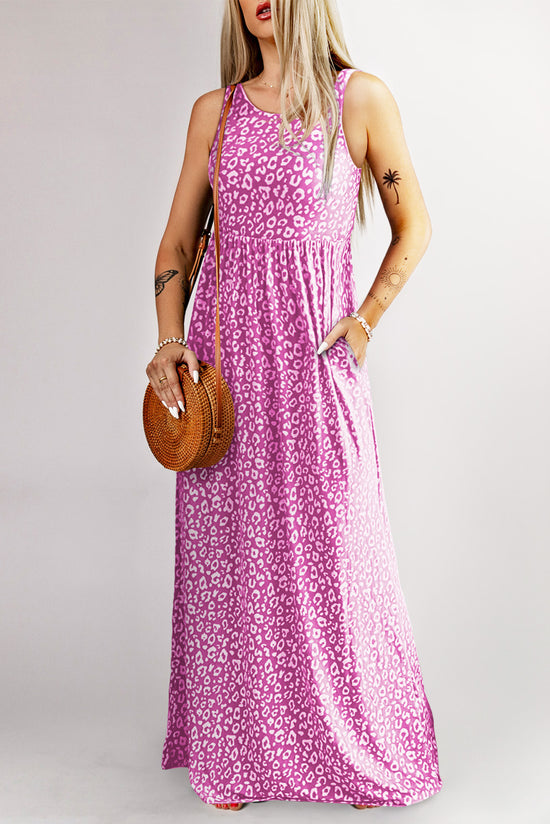 Long -free pocket sleeve dress and pink leopard print