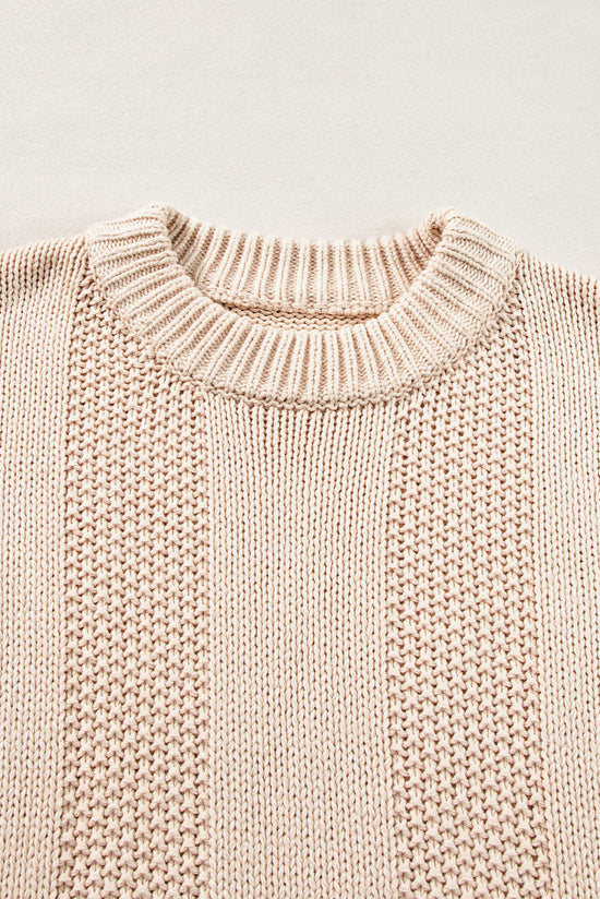 Solid Color Pale Khaki Cable Knit Ribbed Loose Sweater