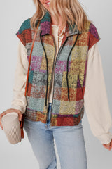 A large zipped vest with multicolored Scottish print with side pockets