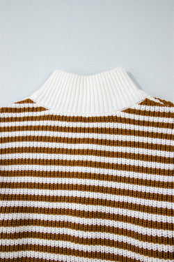 Khaki striped sweater with zipped collar and dropped shoulders