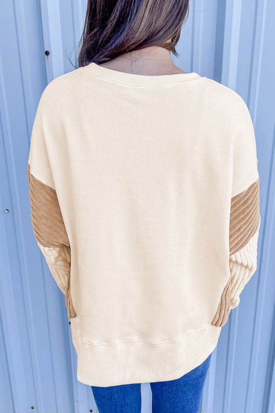 Apricot Corduroy Drop Shoulder Long Sleeve Sweatshirt