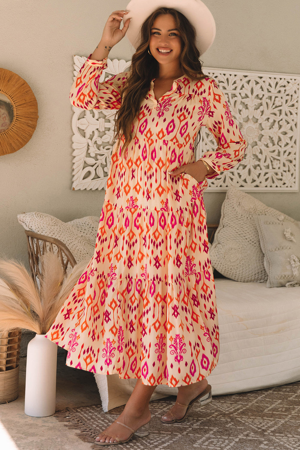 Robe longue orange à imprimé géométrique abstrait western