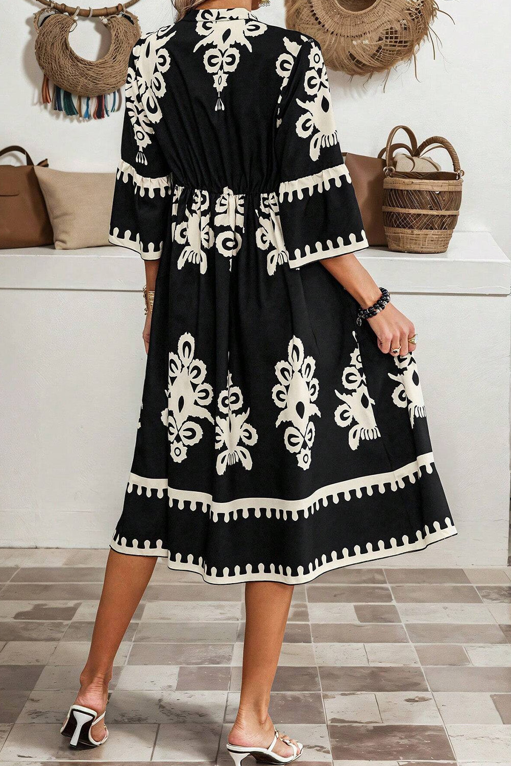 Black geometric western print loose midi dress with 3/4 sleeves