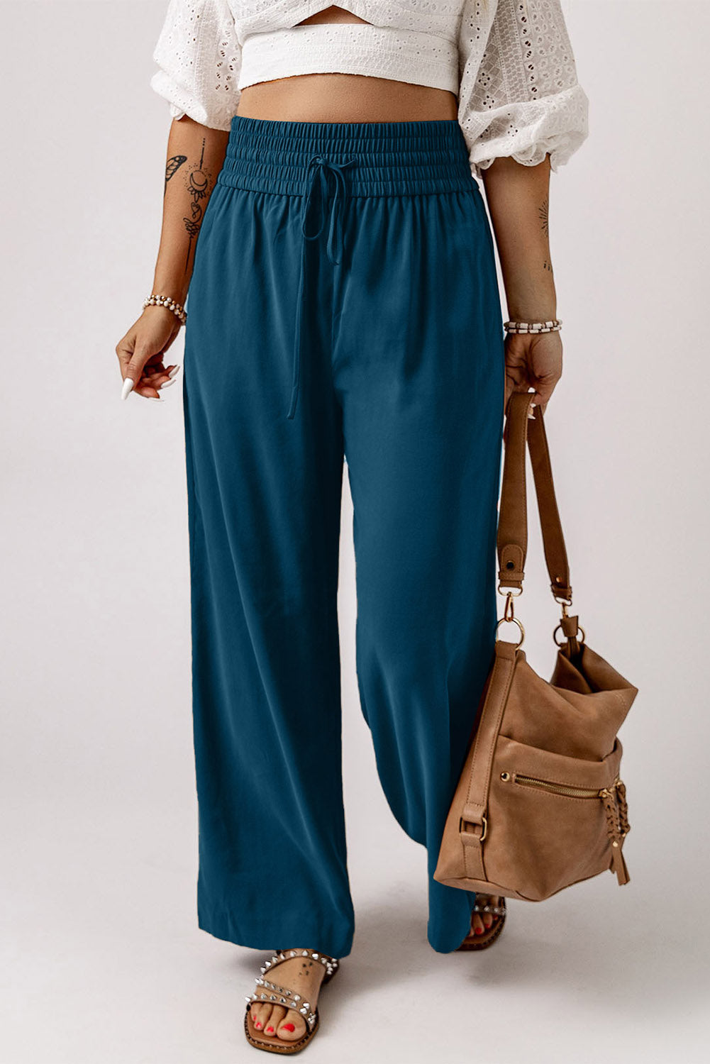 Pantalones anchos casuales con cintura elástica con cordón azul