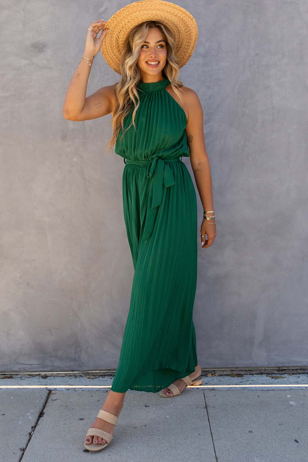 Green Pleated Halter Neck Wide Leg Jumpsuit with Belt