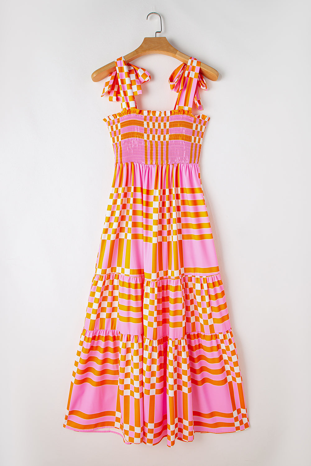 Cnocchette rosa boho gingham maxi vestito