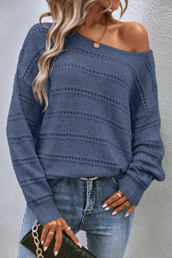 Knitted sweater with a collar boat and falling shoulders Blue Sarcelle real