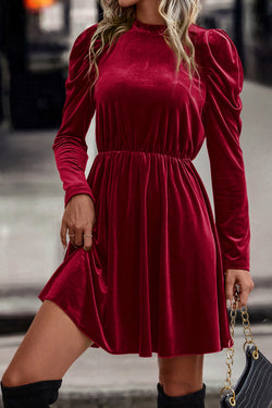 Dahlia red velvet trapeze dress with ruffled collar and Gigot sleeves