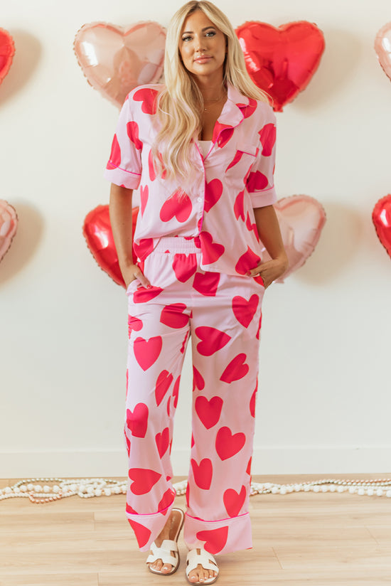 Ensemble pyjama pantalon à manches courtes rose coeur classique Saint-Valentin